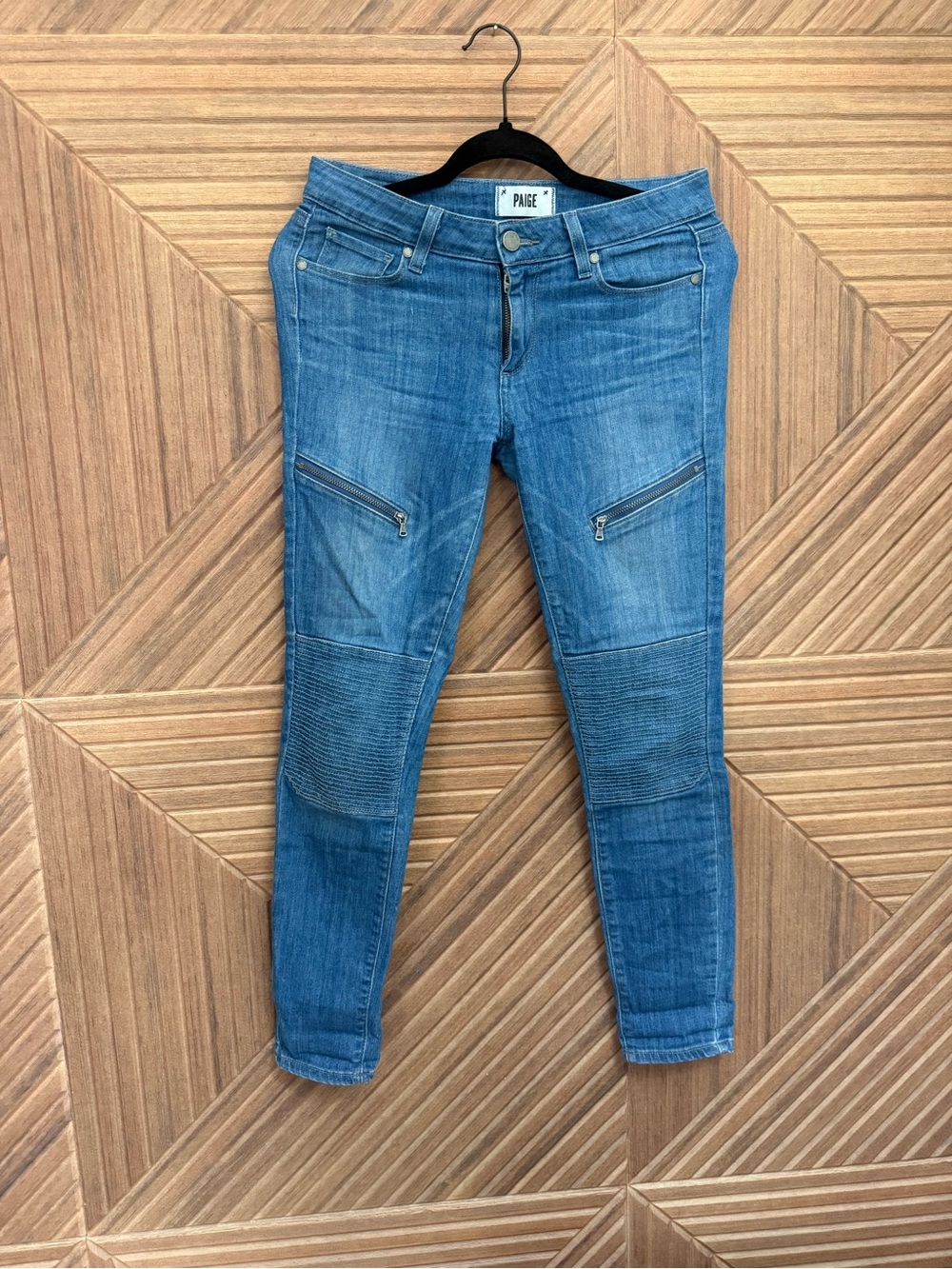 PAIGE Medium Blue Moto-Detail Skinny Jeans